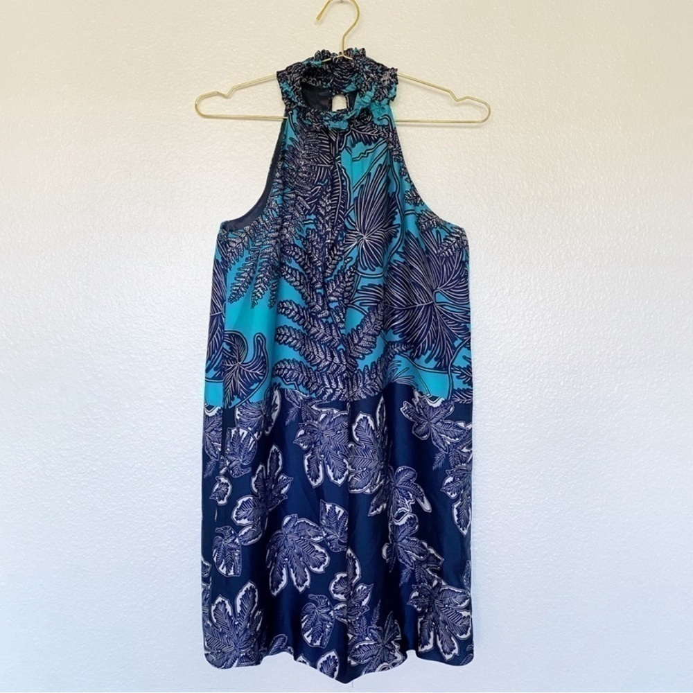 ZARA High Neck Sleeveless Satin Floral Mini Dress in Blue - Picture 2 of 5